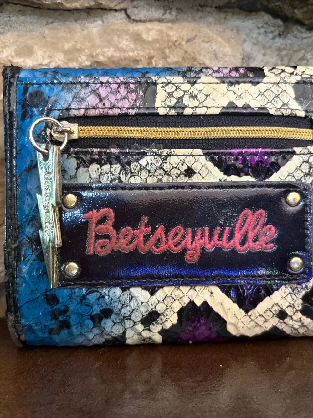 Betsey Johnson Betseyville Blue Purple Cream Snake-Print Wallet